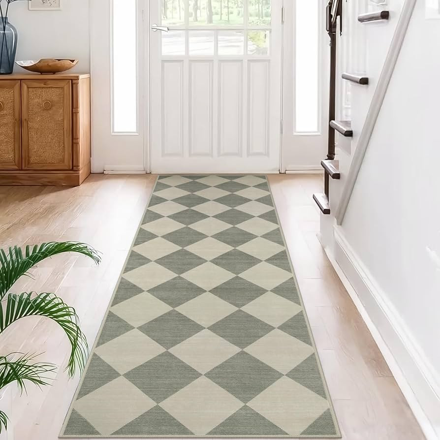 Beeiva Checkered Print Kitchen Runner Rugs Non Skid Washable 2.5x8, Ultra Thin Low Pile Green Run... | Amazon (US)