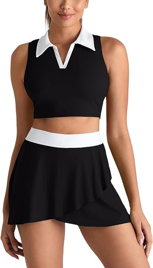 IFFEI Women's 2 Piece Tennis Dress with Built in Bra and Shorts Pocket Polo Collar V Neck Color B... | Amazon (US)