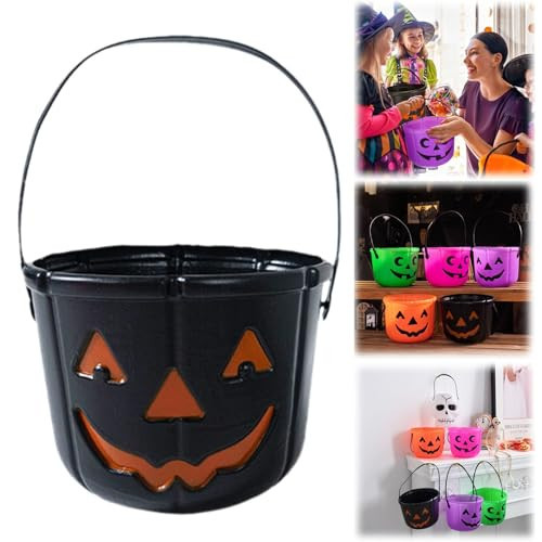 Halloween Pumpkin Bucket Jack O' Lantern Candy Buckets Trick or Treat Candy Basket Pumpkin Pails with Handle Halloween Party Favors Plastic Pumpkins Bucket, Black | Amazon (US)