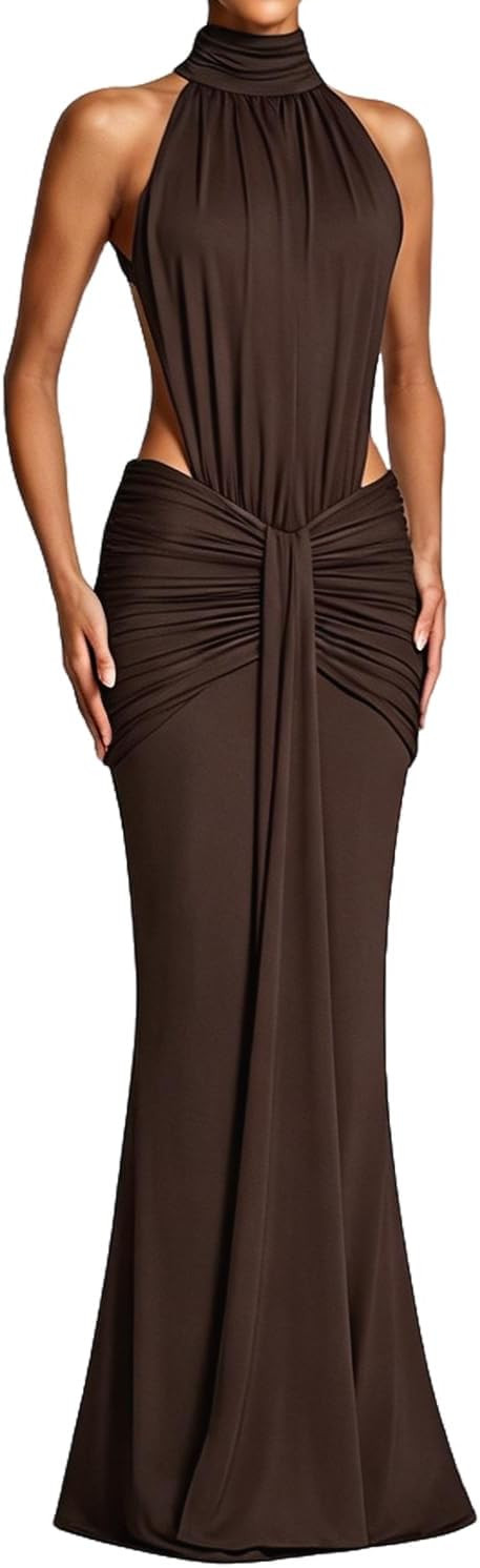 Women's Sexy Tie Halter Cut Out Backless Bodycon Maxi Dress | Elegant Ruched Gown, Perfect for Wedding Guests, Cocktail Parties & Formal Events | Amazon (US)