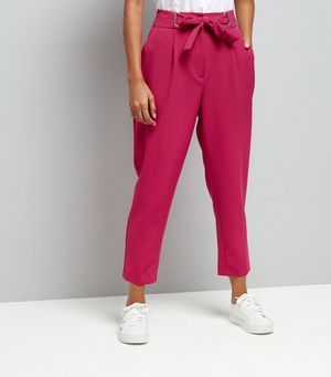 Petite Bright Pink Eyelet Tie Waist Tapered Trousers | New Look (UK)