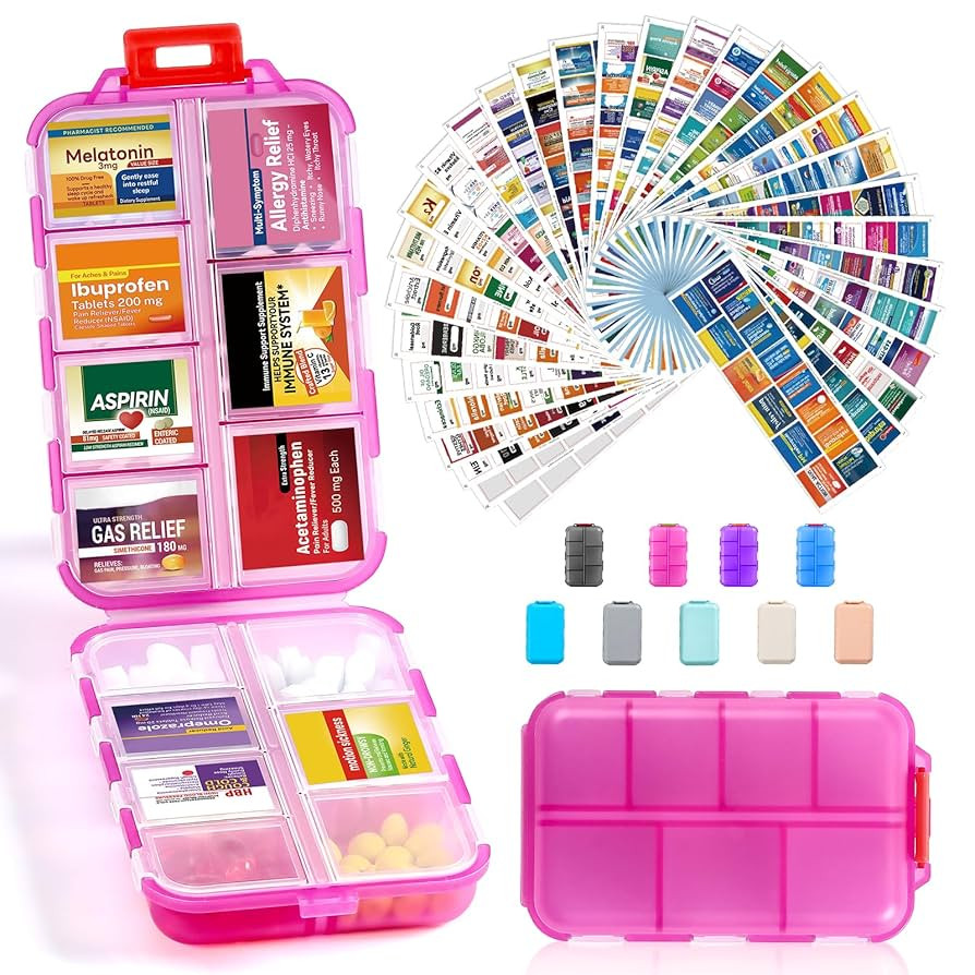 14 Grids Travel Pill Organizer Box with 415-Pcs Medicine Name Labels - Pocket Daily Pharmacy Case... | Amazon (US)