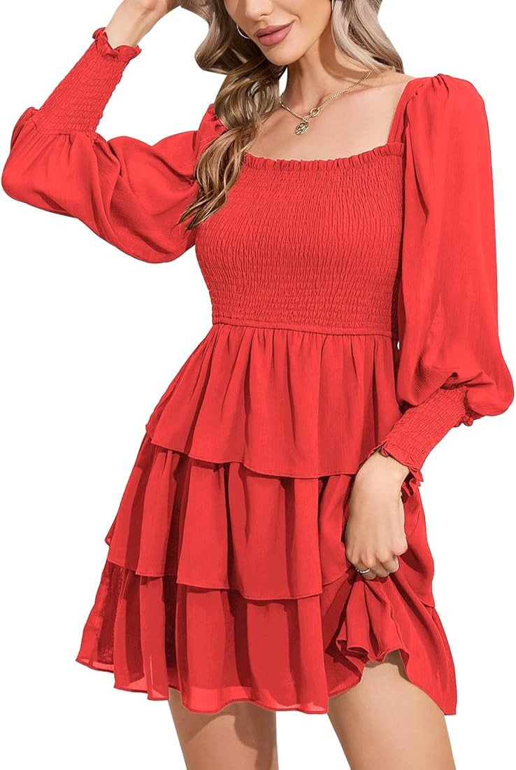 Byinns Women's Square Neck Ruffle Dress Long Sleeve Floral Print Tiered Tie Back Layered Swing Mi... | Amazon (US)