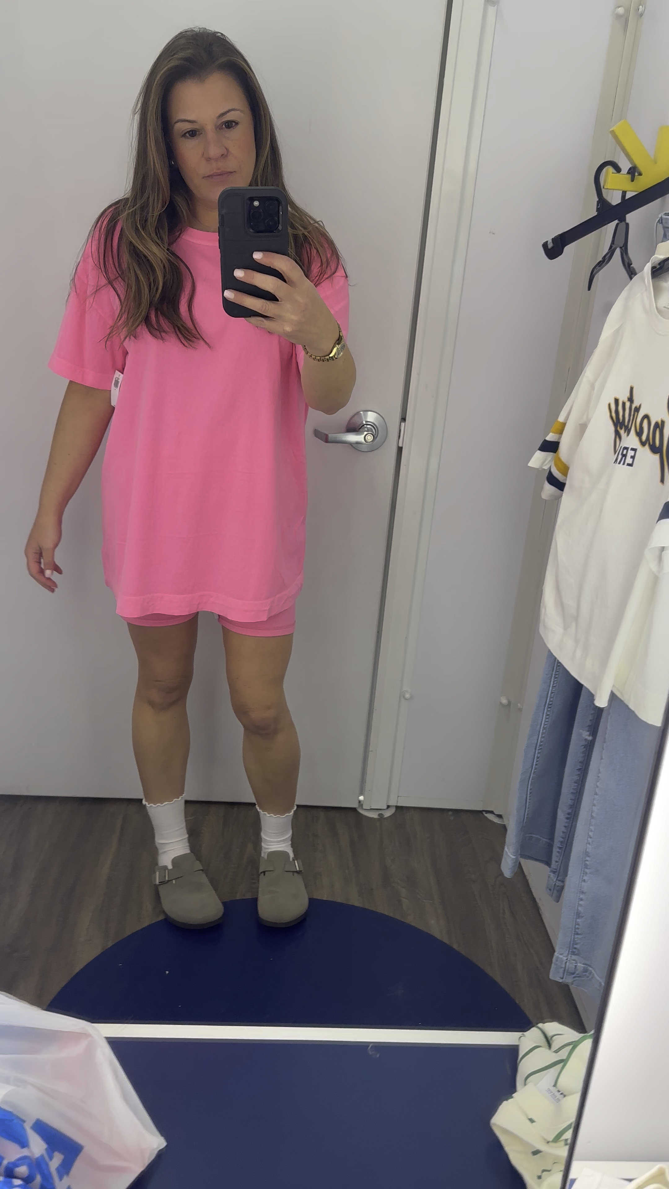 Casual mom looks, biker short set, t-shirt set, hot pink outfit, summer looks, mom looks, casual sports looks