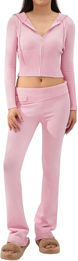 Women 2 Piece Knit Set Solid Color Slim Fit Hooded Tops High Waist Long Pants Set Going Out Track... | Amazon (US)