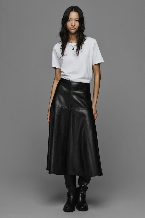 Zara - Faux Leather-Effect Midi A-Line Skirt - Burgundy - M - Woman | Zara US