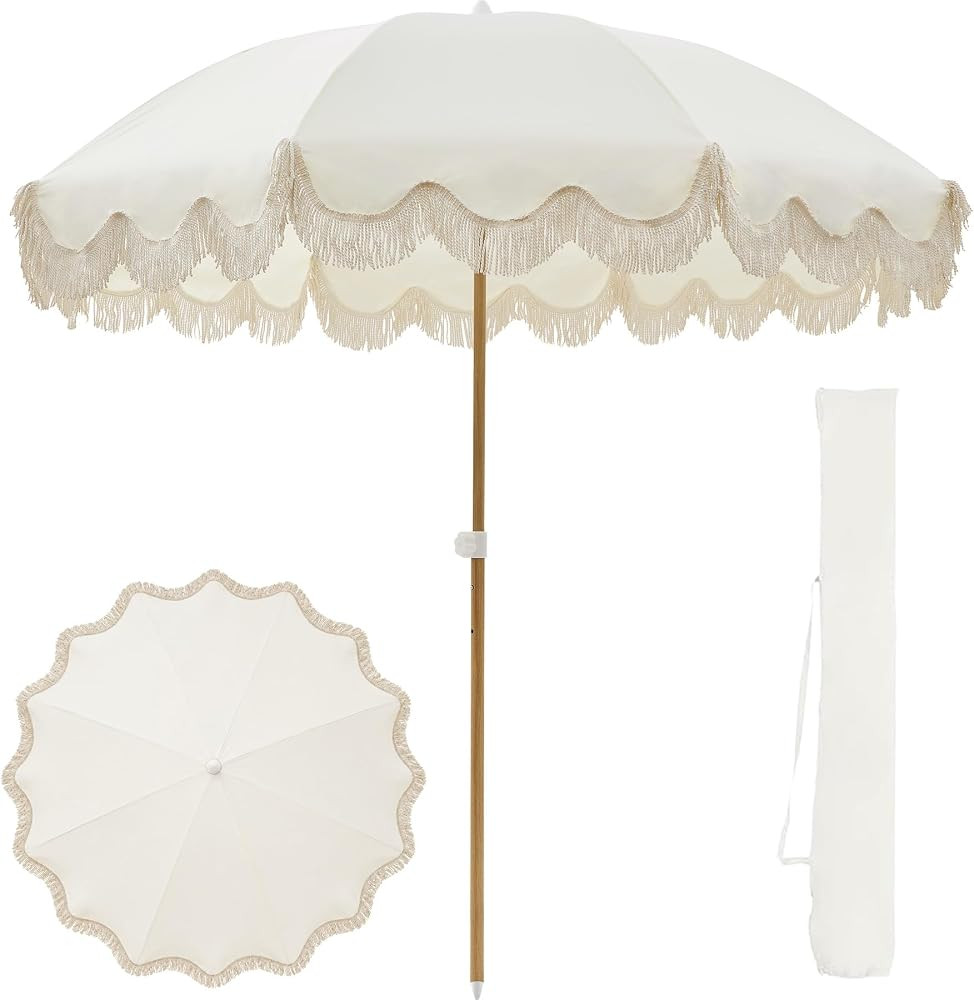 7.5FT Boho Patio Umberlla with Fringe,UPF50+ Outdoor Umbrella with Fiberglass Ribs and Push Button Tilt,Tassels Umbrella for Beach,Terrace,Picnic | Amazon (US)