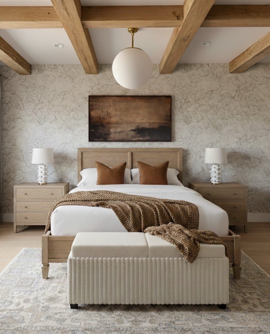 Bedroom Refresh : Shop The Look.
A warm and organic bedroom that embraces texture, tone, and timeless comfort.
This space layers soft neutrals with rich, earthy warmth — from the natural oak beams above to the caramel accents throughout. The botanical wallpaper brings quiet movement and depth, grounding the room in organic elegance.

A light wood bed and matching nightstands anchor the space with structure, while cognac suede pillows and a chunky knit throw introduce cozy contrast. The ribbed bench at the foot of the bed and the sculptural lamps add tactile dimension, completing the look with understated sophistication. 

#LTKSaleAlert #LTKHome