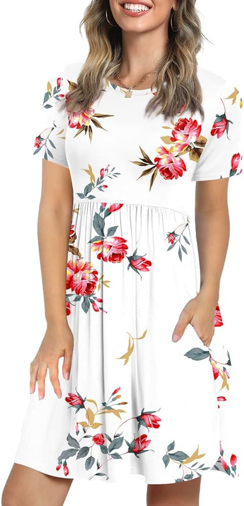 LONGYUAN Women's 2022 Summer Short Sleeve Casual Dresses Elastic Loose Comfy Swing Sundress with Poc | Amazon (US)