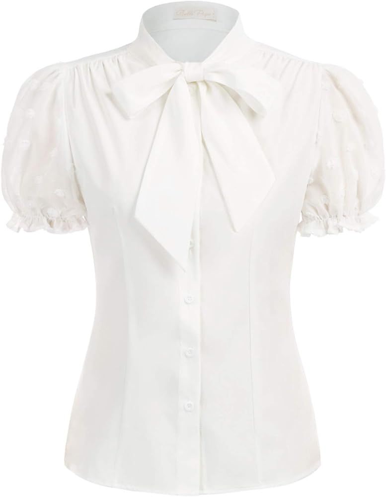 Belle Poque Summer Short Sleeve Office Button Down Blouse Stripe Shirt Tops with Bow Tie BP573 | Amazon (US)