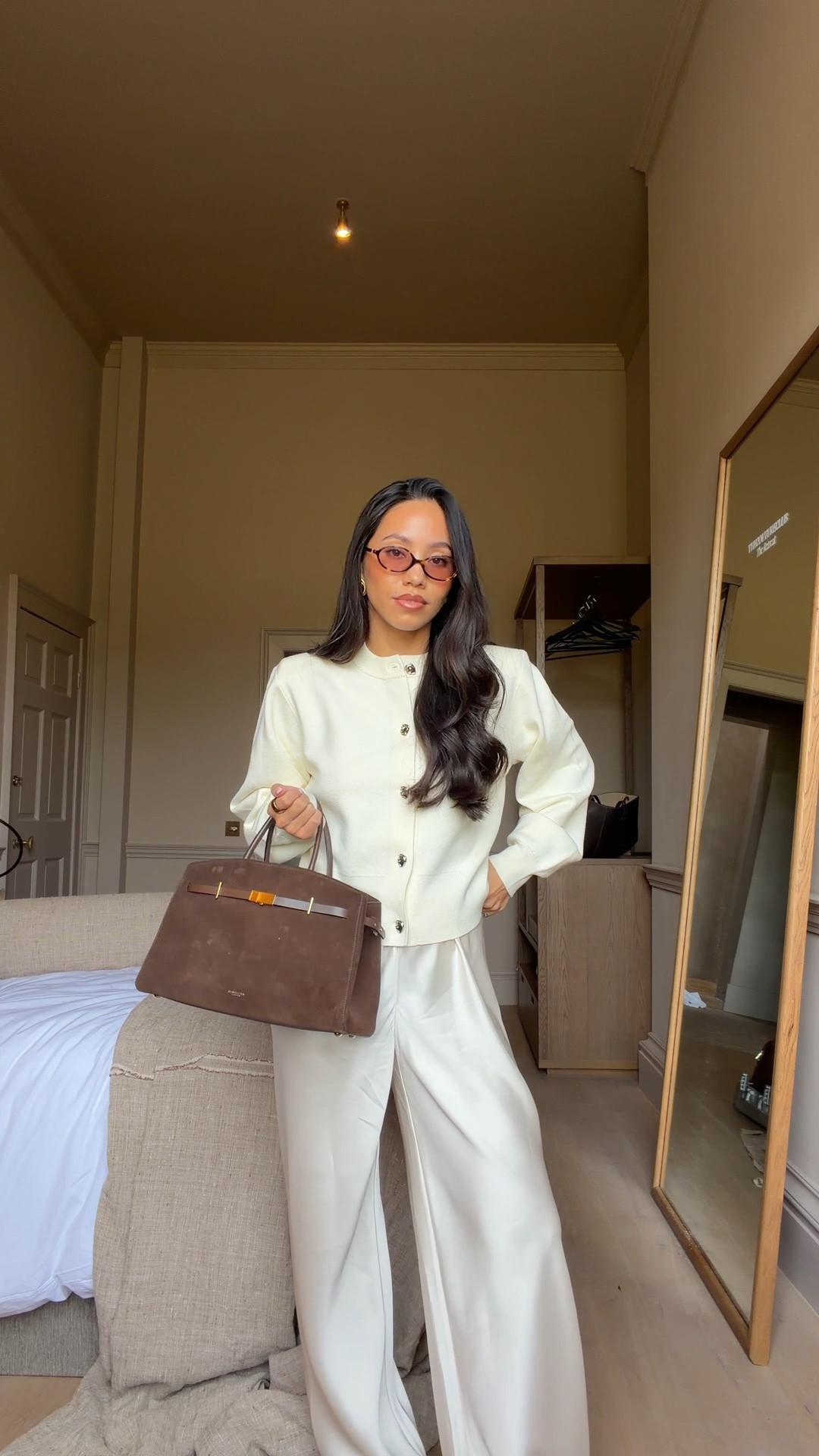All cream September autumn outfit ☕️ satin trousers, knit cardigan, chocolate brown suede bag and Chanel ballet flats

#LTKFashionMonth #LTKautumn #LTKstyletip