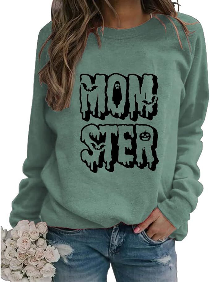 Womens Funny Momster Sweatshirt Mom Mama Halloween Sweatshirt Horror Graphic Pumpkin Ghost Print ... | Amazon (US)