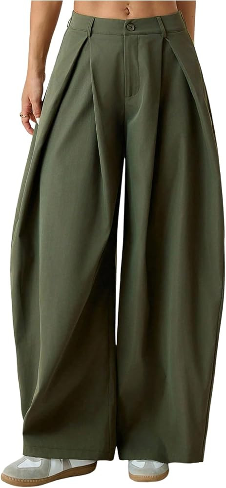 GORGLITTER Women's Baggy Barrel Pant Low Rise Pleated Cargo Oversized Wide Leg Business Dress Cas... | Amazon (US)