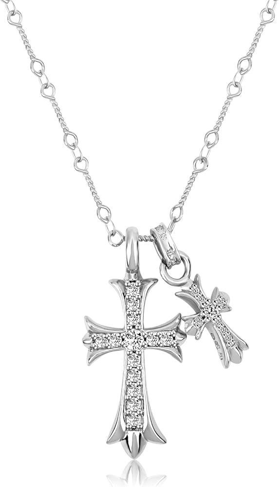 Cross Necklace 14k Gold Plated/Sterling Silver Double Cross Pendant CZ,Cubic Zirconia Cross Neckl... | Amazon (US)