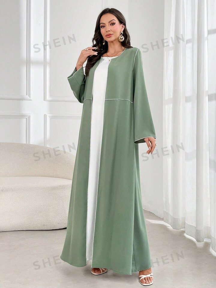 SHEIN Najma Women's Round Neck Contrast Trim Elegant Long Sleeve Arabian Abaya | SHEIN