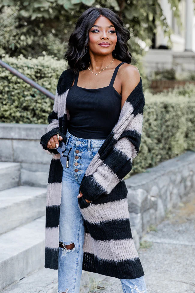 Come And Go Beige And Black Long Striped Cardigan | Pink Lily
