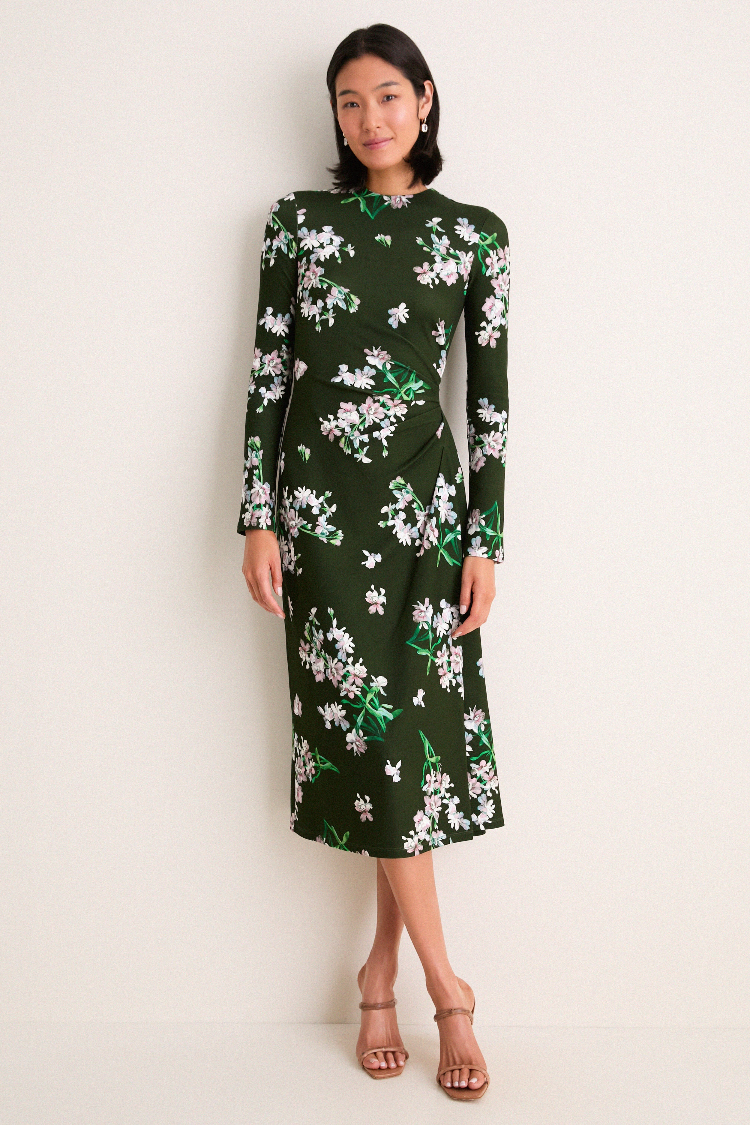 Painted Orchid Forest Green Floral Long Sleeve Midi Dress | Tuckernuck (US)