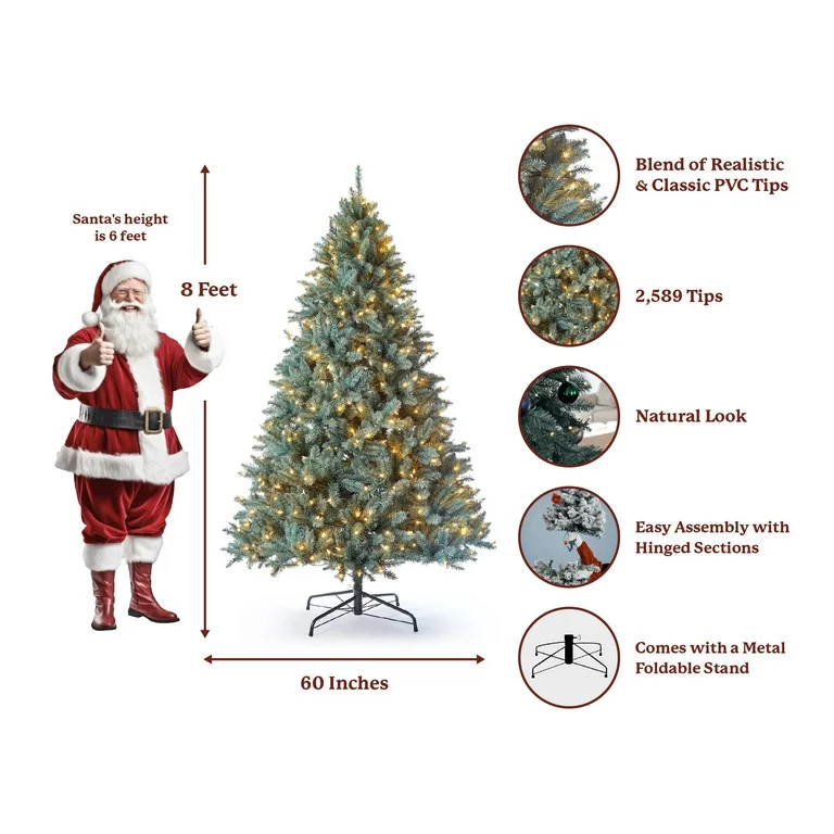 King Of Christmas 8ft Pre-lit Blue Spruce Artificial Christmas Tree with 650 Warm White LED Light... | Walmart (US)