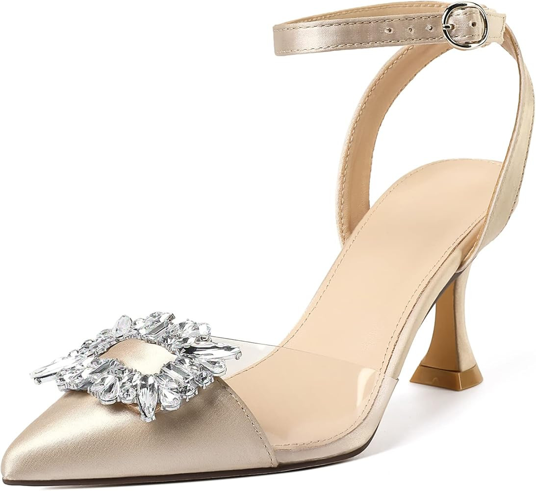 Susanny Women's Closed Toe Rhinstone Wedding Low Heel Slingback Clear Kitten Heels,Adjustable Str... | Amazon (US)