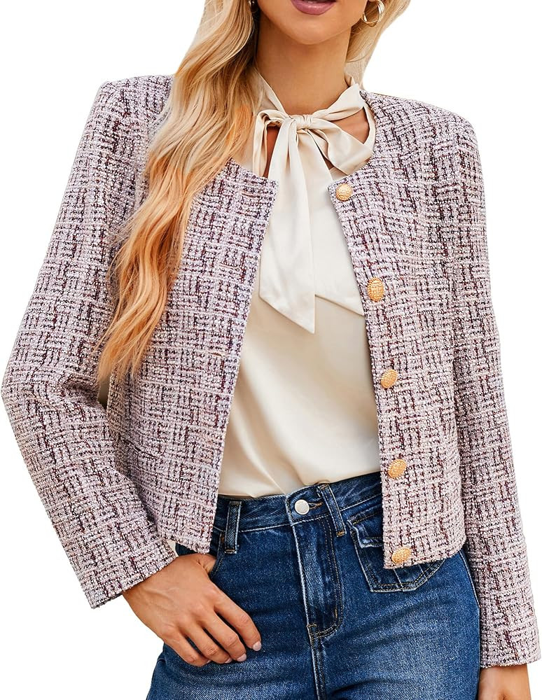GRACE KARIN Fall Jackets for Women 2024 Tweed Blazer Business Casual Long Sleeve Cropped Short To... | Amazon (US)