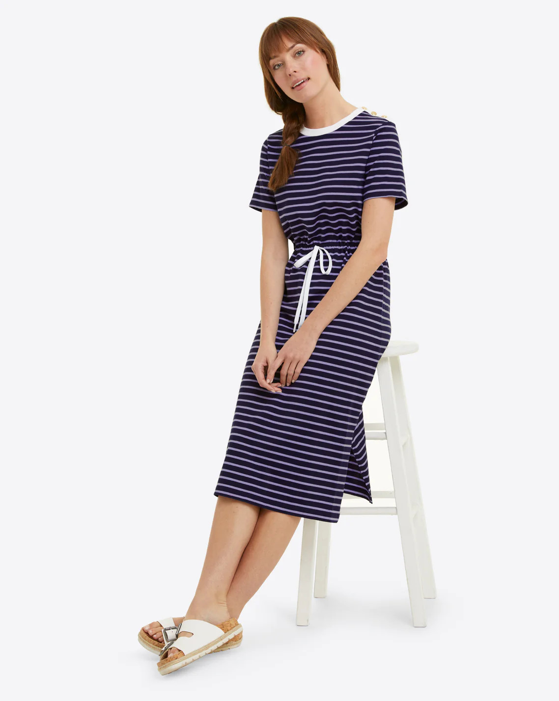 Tie Waist Midi T-Shirt Dress in Nassau Navy Mariner Stripe | Draper James (US)