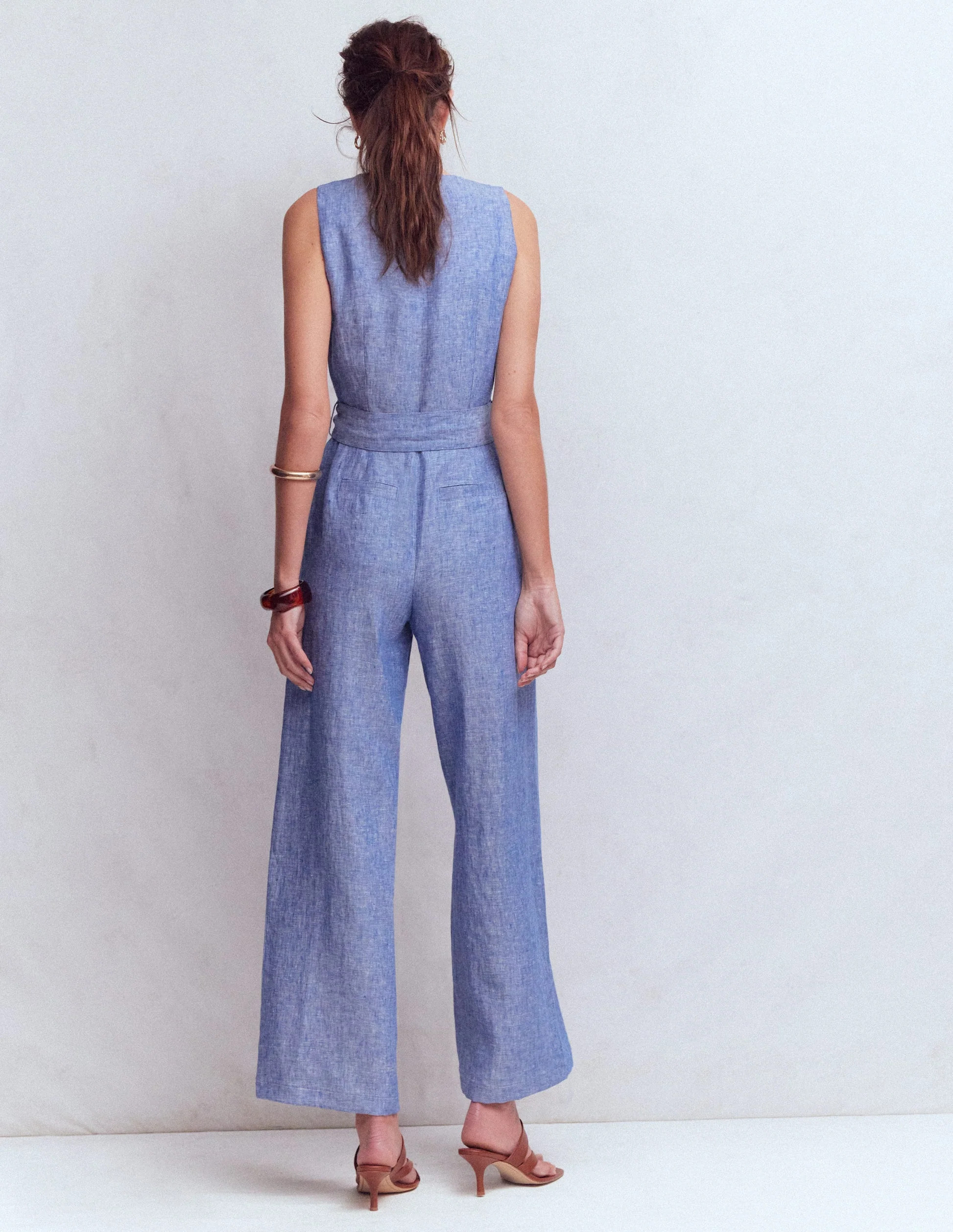 Laura V-neck Linen Jumpsuit-Red, Ivory Stripe | Boden UK