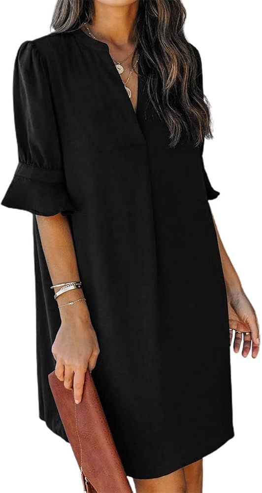 QACOHU Summer Dresses for Women 2024 V Neck Ruffle Short Sleeve Shift Dress | Amazon (US)