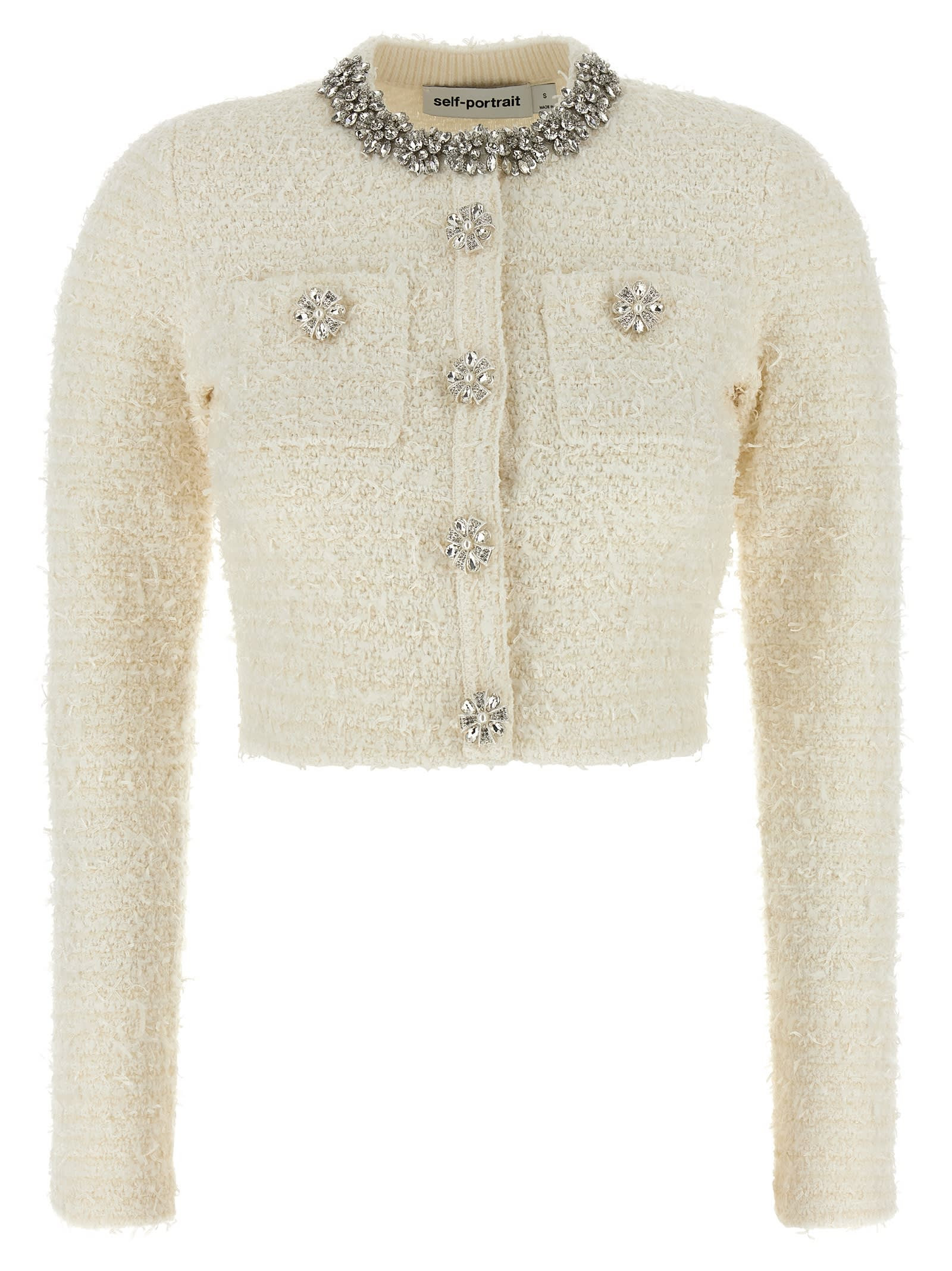 self-portrait cream Textured Knit Cardigan | Italist.com US