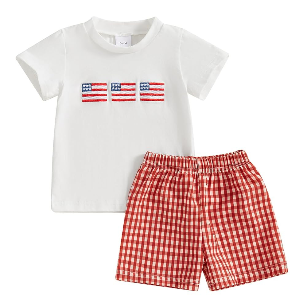 4th Of July Toddler Boy Outfit Popsicle American Flag T-Shirt and Gingham Plaid Shorts Set Indepe... | Amazon (US)