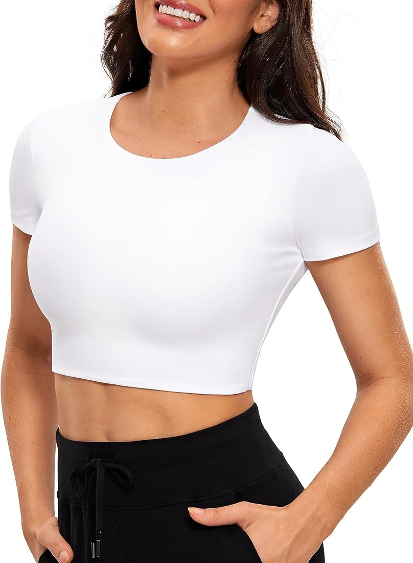 CRZ YOGA Womens Butterluxe Short Sleeve Crop Tops Double Lined Crew Neck Casual Workout T-Shirt Cute | Amazon (US)