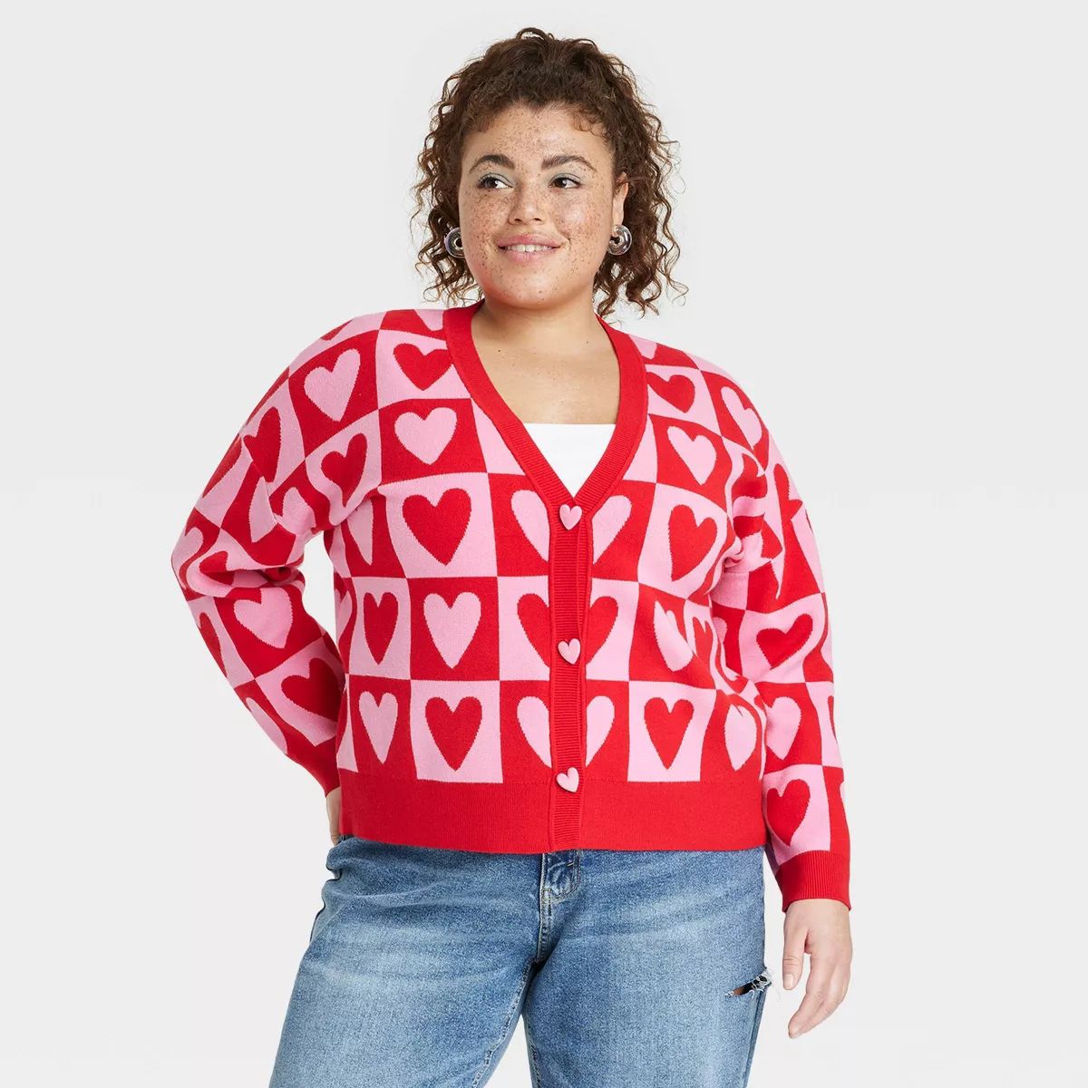 Women's Heart Postage Stamp Graphic Cardigan - Red | Target