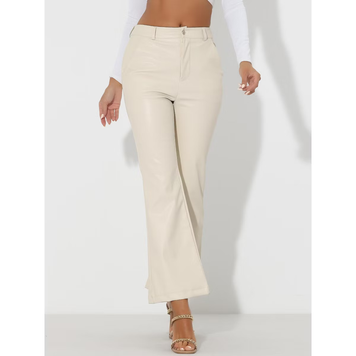 Allegra K Women's High Waist Bottom Flared Faux Leather Pants With Pockets | Target