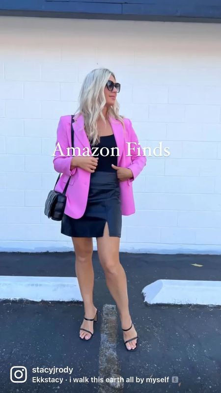 Pink blazer 
Black bodysuit 
Black vegan leather skirt 
Comfortable heels 
All tts 
Amazon fashion finds 

#LTKHoliday #LTKworkwear #LTKunder50