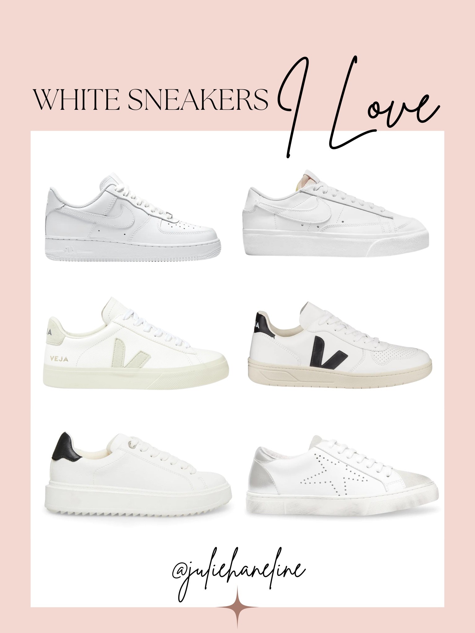 White sneakers I love! Nike Air force 1’s & Nike blazers are on my current wishlist, but the Veja’s are so cute & trendy, too! #whitesneakers #sneakers #shoes #nike #veja #stevemadden

#LTKSeasonal #LTKshoecrush #LTKunder100
