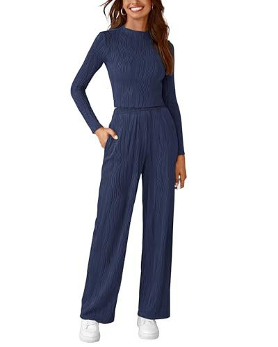 PRETTYGARDEN Women's Fall 2 Piece Outfits 2024 Casual Long Sleeve Crewneck Crop Top Wide Leg Pant Textured Lounge Sets(Navy,XX-Large) | Amazon (US)