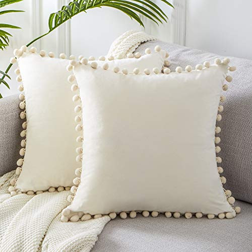 Topfinel Pack of 2 Cream White Euro Pillow Covers 26x26 Inch, Decorative Throw Pillow Covers for Couch Sofa Bed Soft Velvet Cushion Cases with Pom-poms Square Euro Sham Covers 65x65 cm | Amazon (US)