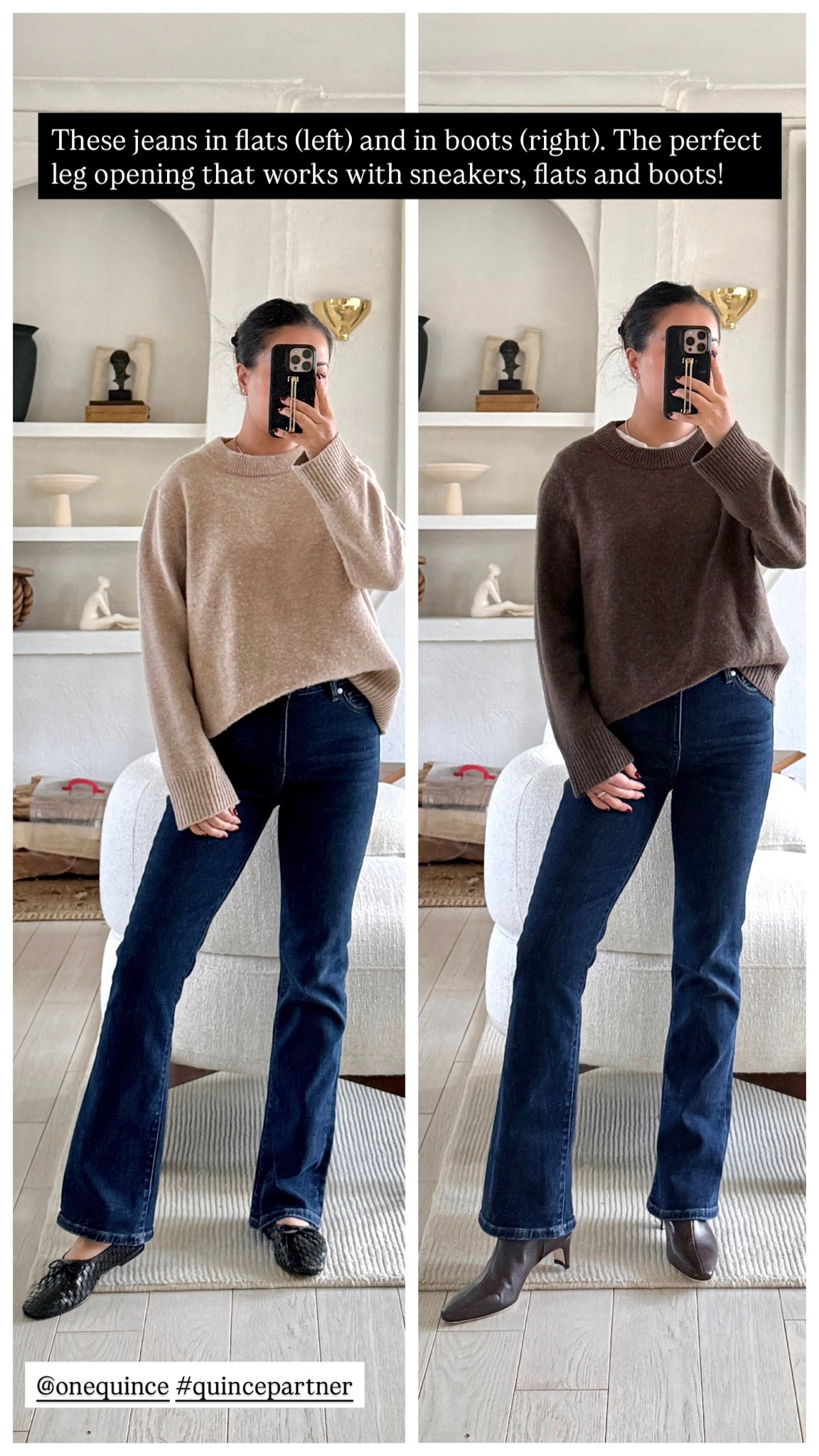 These jeans in flats (left) and in boots (right). The perfect leg opening that works with sneakers, flats and boots!

These jeans feel like the perfect in-between of a wide leg and a straight leg. Not too wide, not too slim. They're also midsection and petite friendly.

For size reference, I’m 5 ft 115 pounds and wearing a 26x28 in the jeans and XS in the sweater.

@onequince #quincepartner

#LTKPetite #LTKFindsUnder50 #LTKOver40