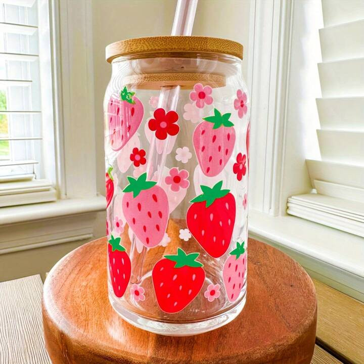 1pc Cute Red/Pink Strawberry Printed 16oz Transparent Glass Cup, Large Capacity Outdoor Camping B... | SHEIN