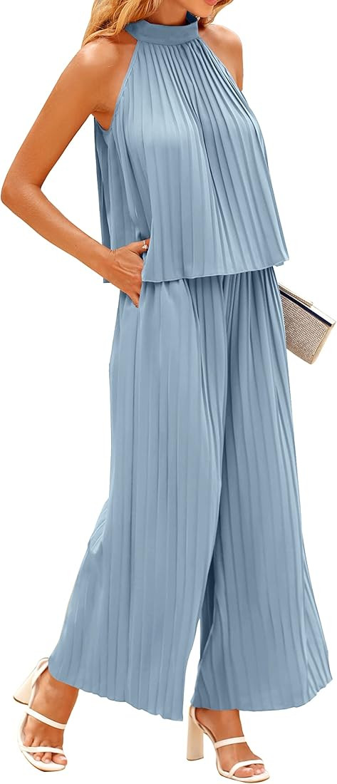 DOWERME Women's Casual Halter Neckline Sleeveless Solid Color Two Piece Suits | Amazon (US)