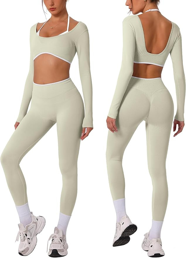 ABOCIW Workout Sets for Women Long Sleeve Crop Top Scrunch Butt Lifting High Waist Leggings 2 Pie... | Amazon (US)