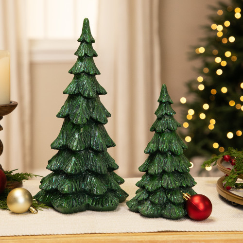 Carved Glittery Trees Christmas Decorations - Set of 2 - Green | Christmas Central