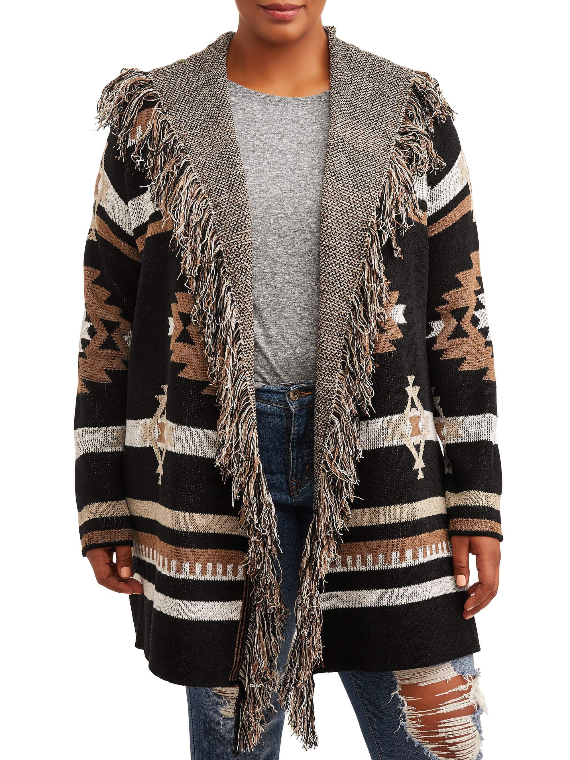 Absolutely Famous Women's Plus Size Aztec Jacquard Open-Front Cardigan with Fringe Trim - Walmart... | Walmart (US)