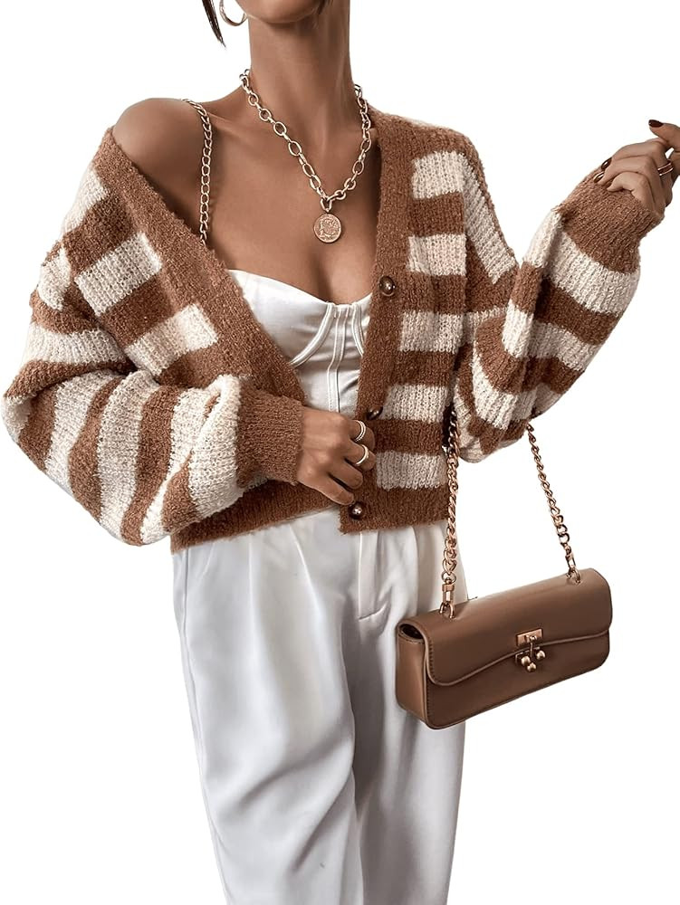 SweatyRocks Women's Color Block V Neck Button Front Knit Cardigan Sweater Outerwear | Amazon (US)