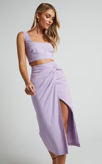 Gibson Two Piece Set - Crop Top and Knot Front Midi Skirt Set in Lilac | Showpo (US, UK & Europe)