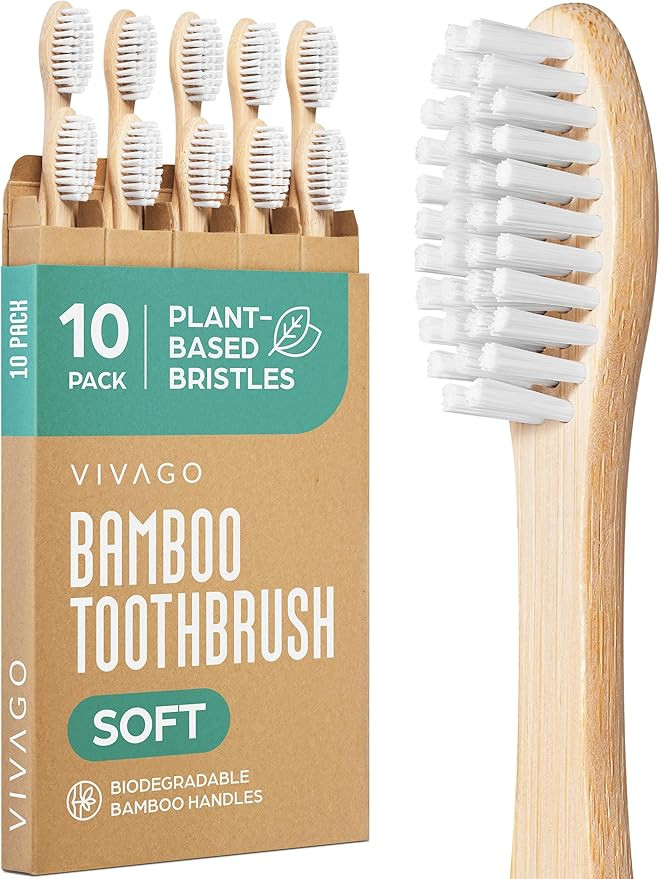 Bamboo Toothbrushes 10 Pack – Natural Toothbrushes, Plant-Based Soft Bristles – Eco-Friendly ... | Amazon (US)