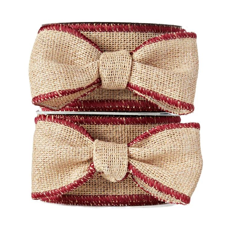Holiday Time Christmas Beige Tan Natural Burlap Polyester Ribbons, with Burgundy Edge (2 Count) 1... | Walmart (US)