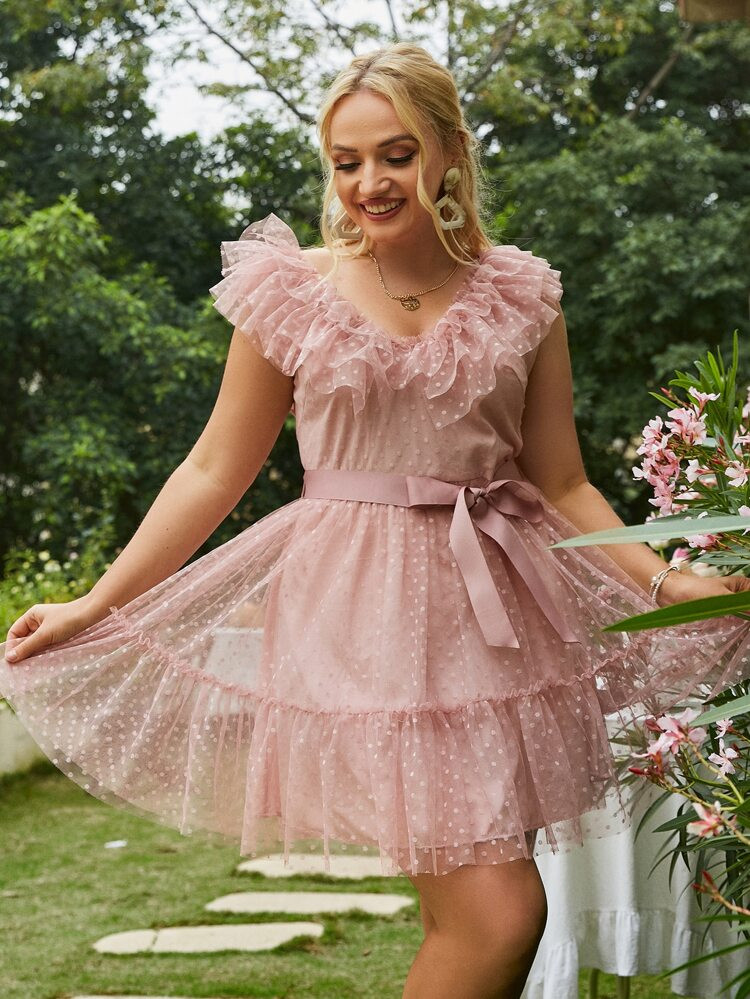 Simplee Plus Ruffle Trim Belted Flounce Hem Swiss Dot Dress | SHEIN