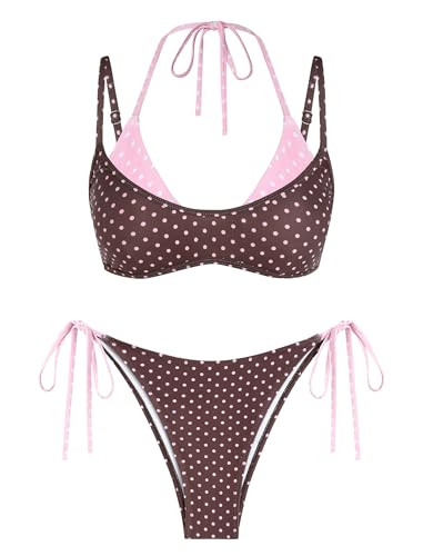 ZAFUL Women's Polka Dot Bikini Set Double Layer Halter Swimsuit Colorblock Side Tie 2 Piece Bathi... | Amazon (US)