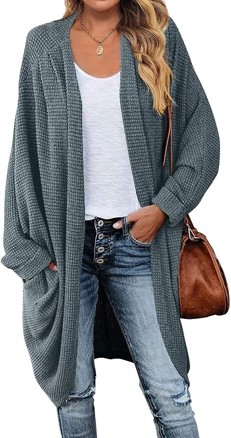 MEROKEETY Women's Waffle Knit Batwing Long Sleeve Cardigan Loose Open Front Sweater Coat | Amazon (US)