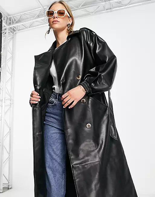 Vila leather look trench coat in black | ASOS (Global)